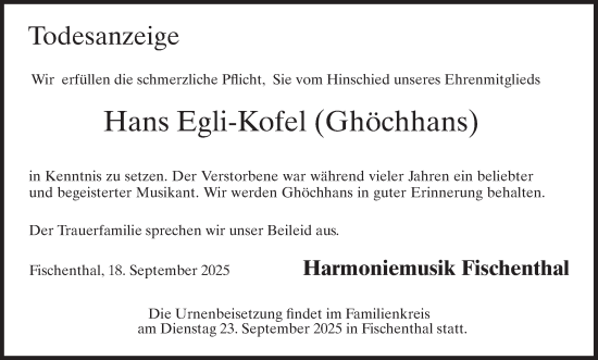 Traueranzeige von Hans Egli-Kofel von AvU