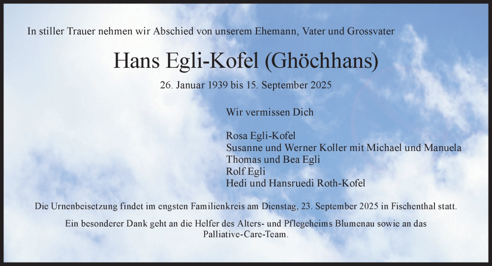  Traueranzeige für Hans Egli-Kofel vom 18.09.2025 aus AvU