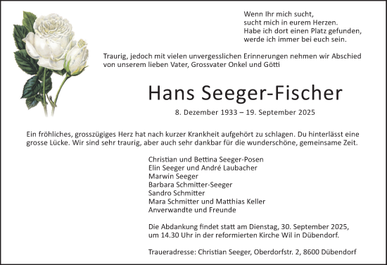 Traueranzeige von Hans Seeger-Fischer von GL solo