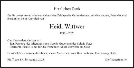 Traueranzeige von Heidi Wittwer von AvU