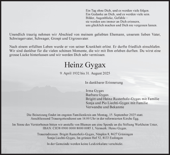 Traueranzeige von Heinz Gygax von AvU