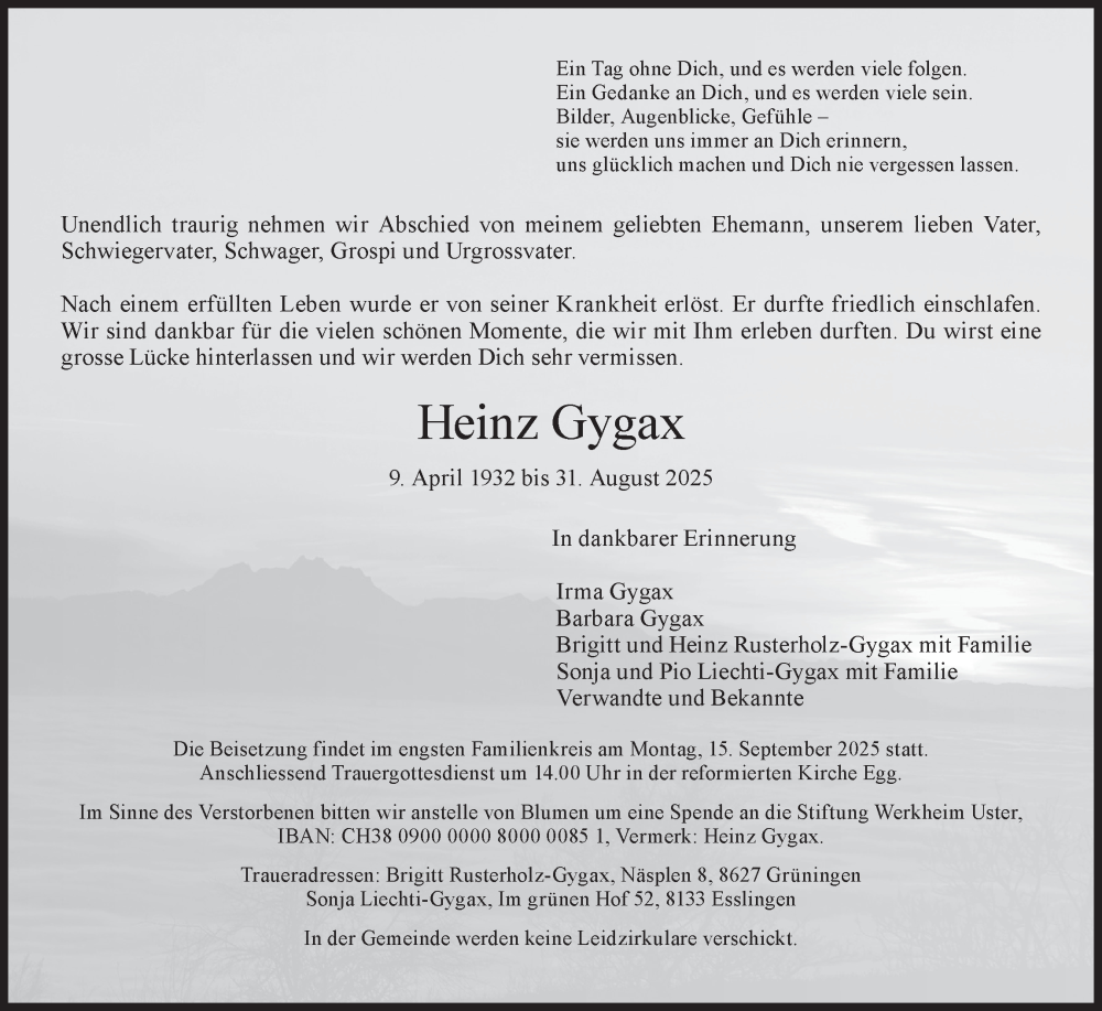  Traueranzeige für Heinz Gygax vom 10.09.2025 aus AvU