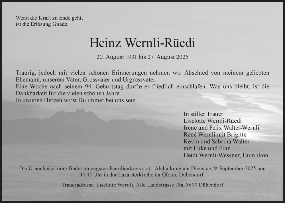  Traueranzeige für Heinz Wernli-Rüedi vom 05.09.2025 aus GL solo