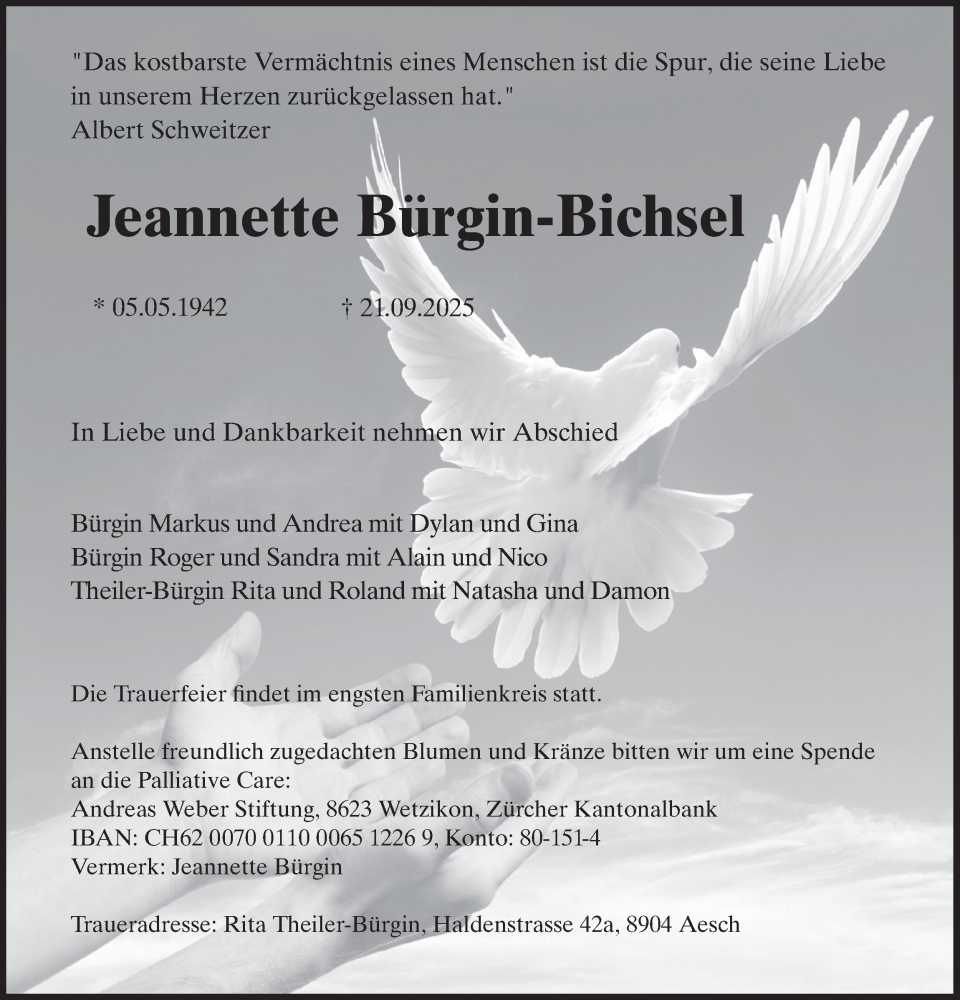 Traueranzeige für Jeannette Bürgin-Bichsel vom 30.09.2025 aus AvU