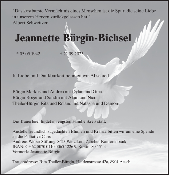 Traueranzeige von Jeannette Bürgin-Bichsel von AvU