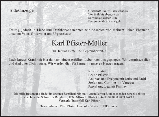 Traueranzeige von Karl Pfister-Müller von AvU