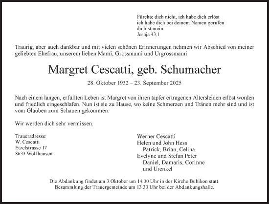 Traueranzeige von Margret Cescatti von AvU
