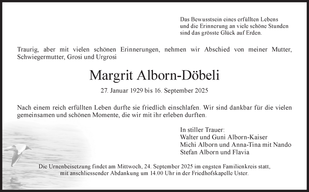  Traueranzeige für Margrit Alborn vom 24.09.2025 aus AvU
