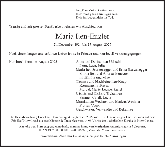 Traueranzeige von Maria Iten-Enzler von AvU