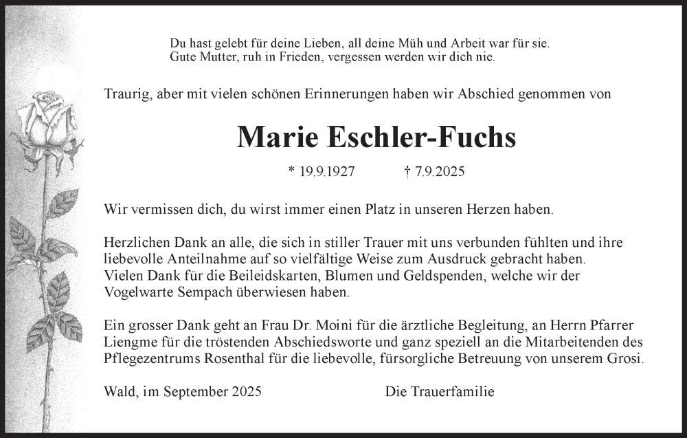 Traueranzeige für Marie Eschler-Fuchs vom 24.09.2025 aus AvU