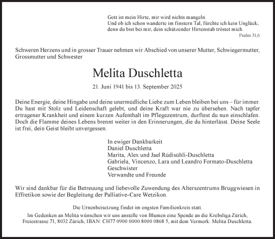 Traueranzeige von Melita Duschletta von reg_2