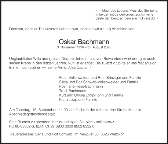 Traueranzeige von Oskar Bachmann von AvU