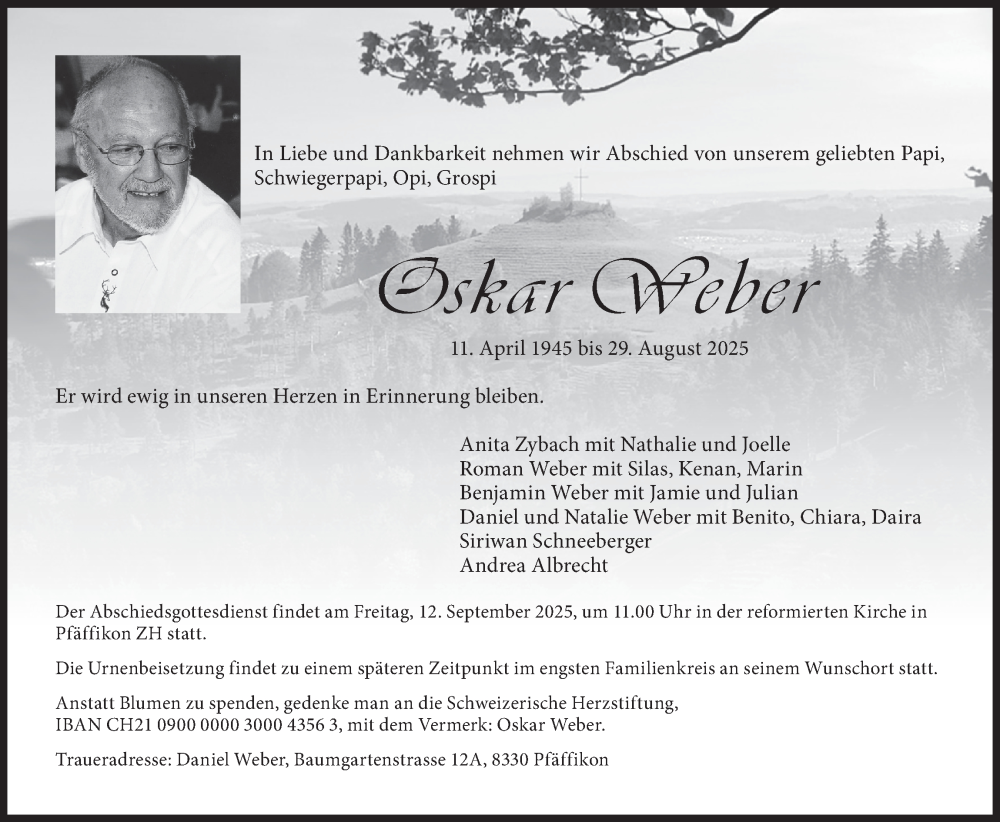  Traueranzeige für Oskar Weber vom 10.09.2025 aus AvU