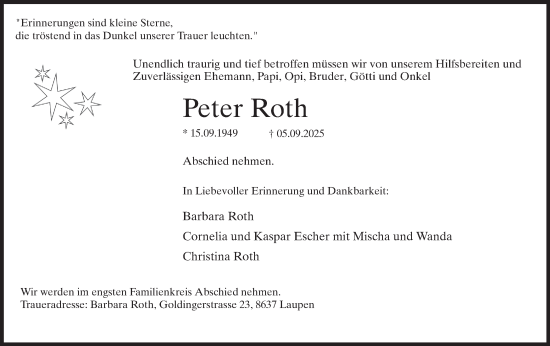 Traueranzeige von Peter Roth von AvU