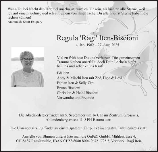Traueranzeige von Regula Iten-Biscioni von AvU