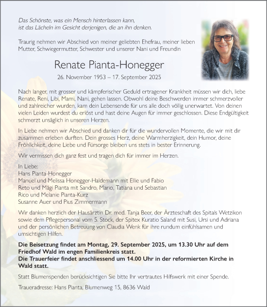 Traueranzeige von Renate Pianta-Honegger von AvU
