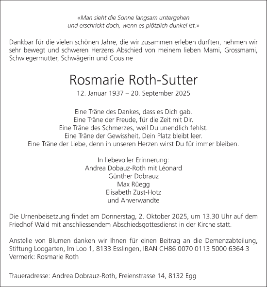 Traueranzeige von Rosmarie Roth-Sutter von AvU