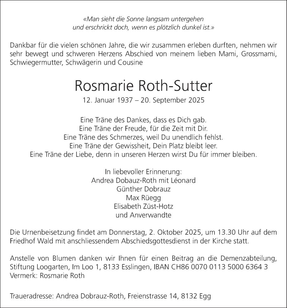  Traueranzeige für Rosmarie Roth-Sutter vom 26.09.2025 aus AvU