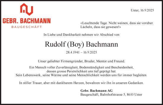 Traueranzeige von Rudolf Bachmann von AvU