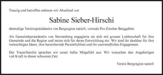 Traueranzeige von Sabine Sieber-Hirschi von AvU