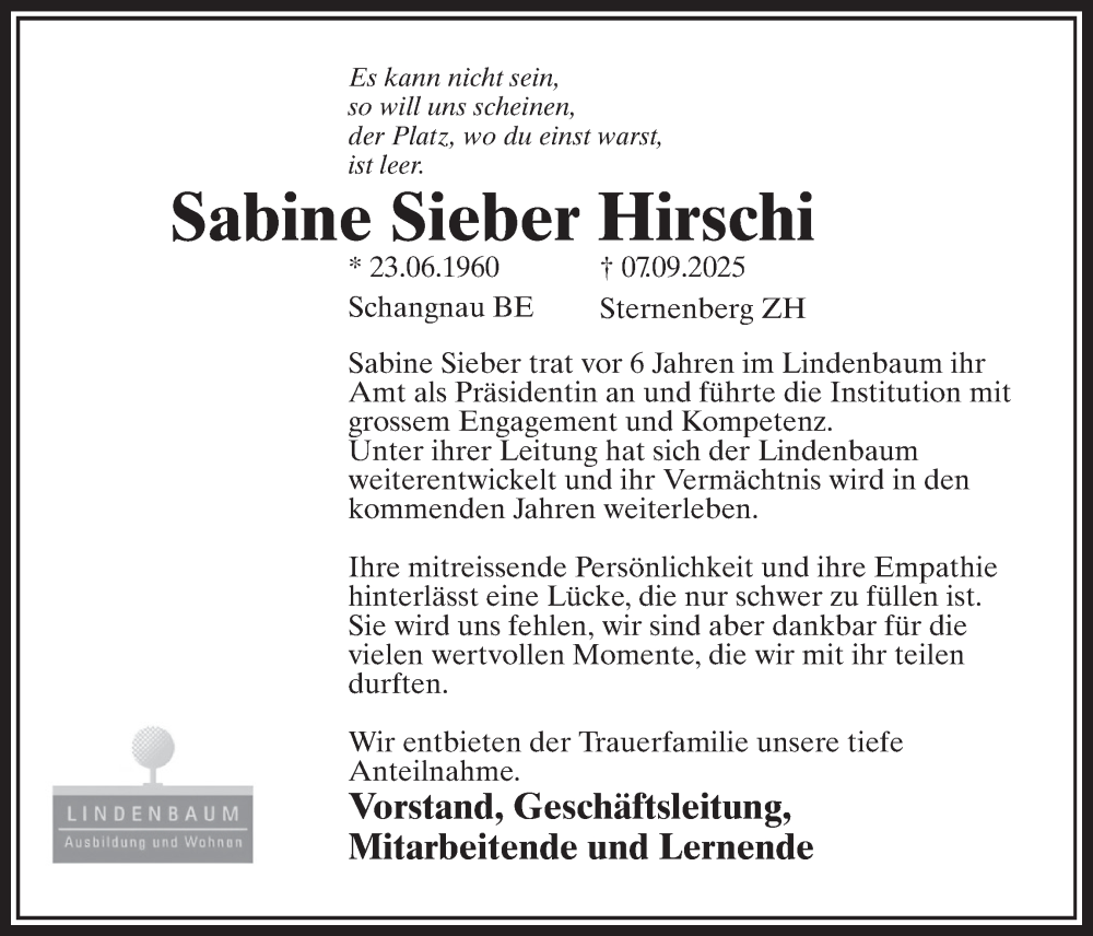  Traueranzeige für Sabine Sieber Hirschi vom 18.09.2025 aus AvU