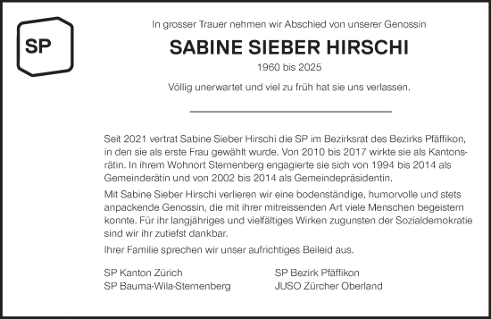 Traueranzeige von Sabine Sieber Hirschl von AvU