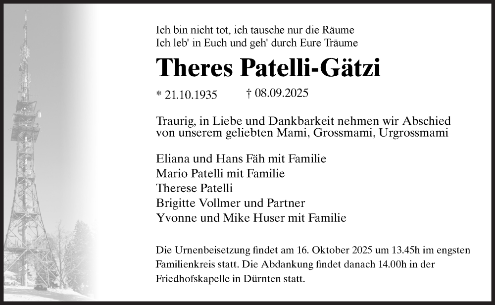  Traueranzeige für Theres Patelli-Gätzi vom 17.09.2025 aus AvU