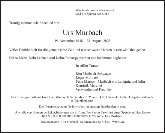 Traueranzeige von Urs Murbach von AvU
