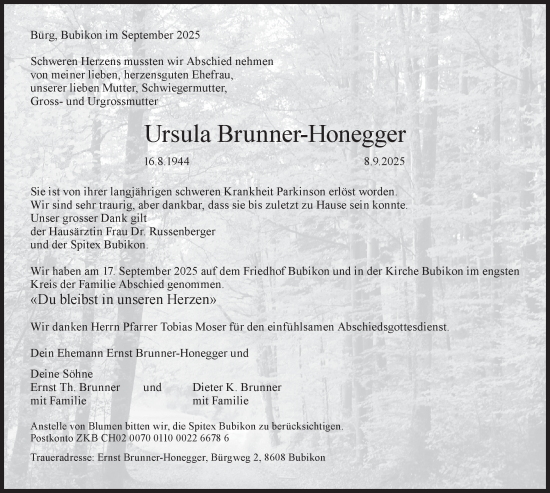 Traueranzeige von Ursula Brunner-Honegger von AvU
