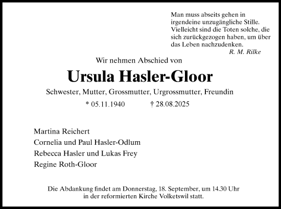 Traueranzeige von Ursula Hasler-Gloor von AvU