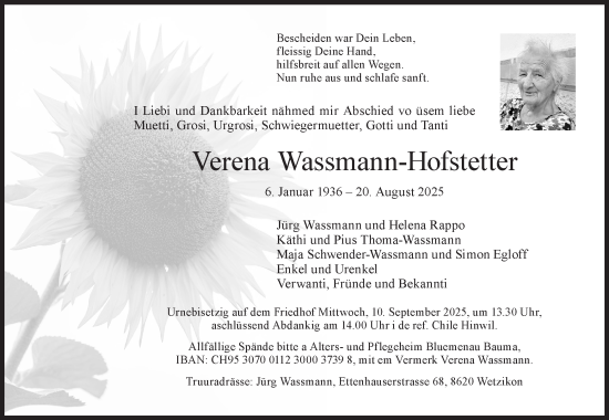 Traueranzeige von Verena Wassmann von AvU