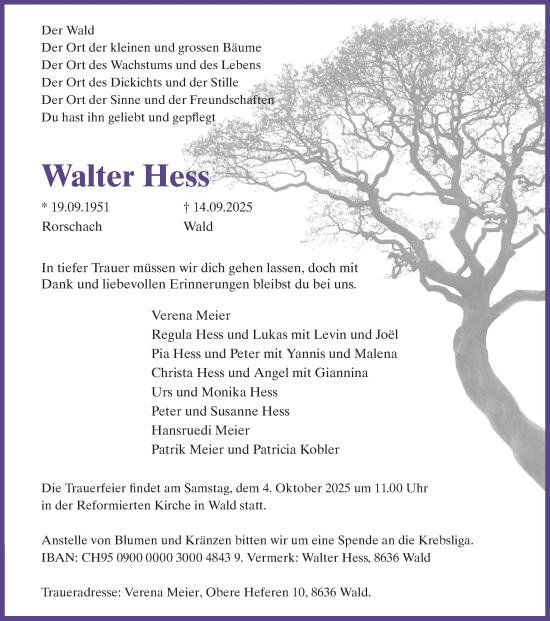 Traueranzeige von Walter Hess von AvU
