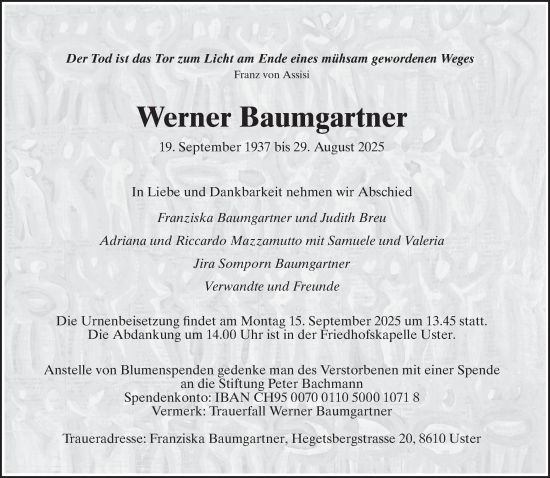 Traueranzeige von Werner Baumgartner von AvU