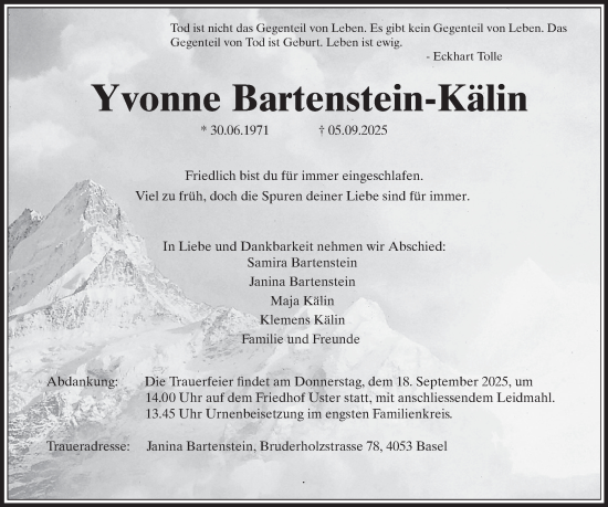 Traueranzeige von Yvonne Bartenstein-Kälin von AvU