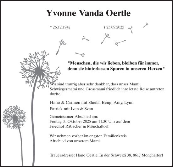 Traueranzeige von Yvonne Vanda Oertle von AvU