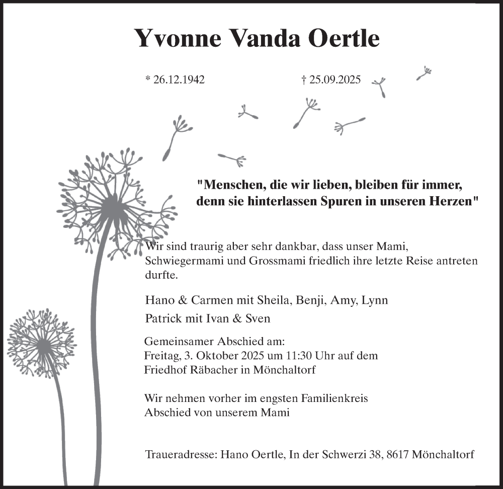  Traueranzeige für Yvonne Vanda Oertle vom 01.10.2025 aus AvU