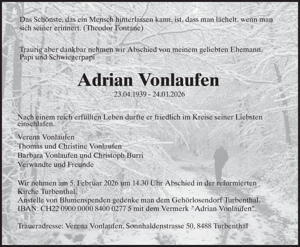  Traueranzeige für Adrian Vonlaufen vom 28.01.2026 aus AvU