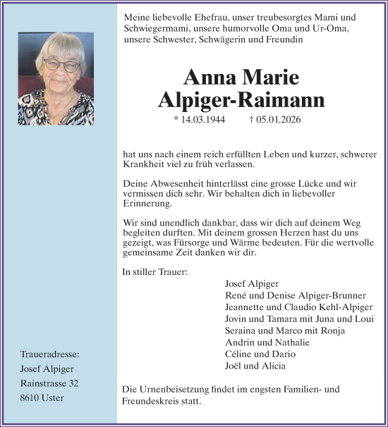 Traueranzeige von Anna Marie Alpiger-Raimann von AvU