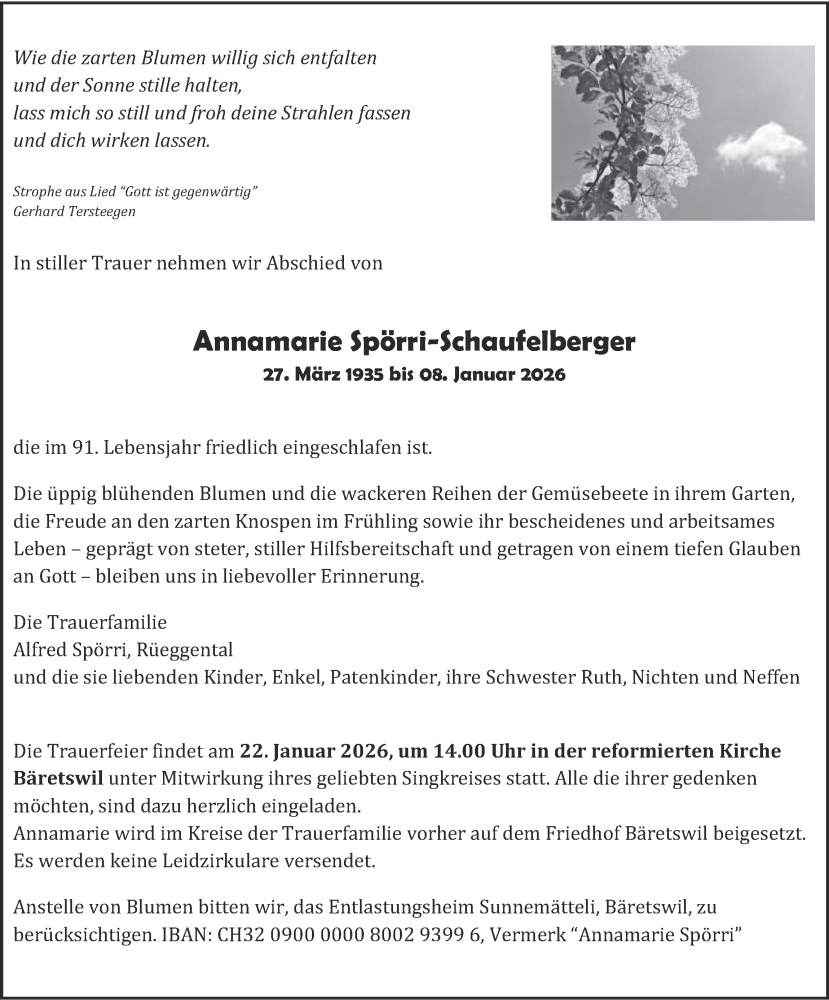  Traueranzeige für Annamarie Spörri-Schaufelberger vom 14.01.2026 aus AvU