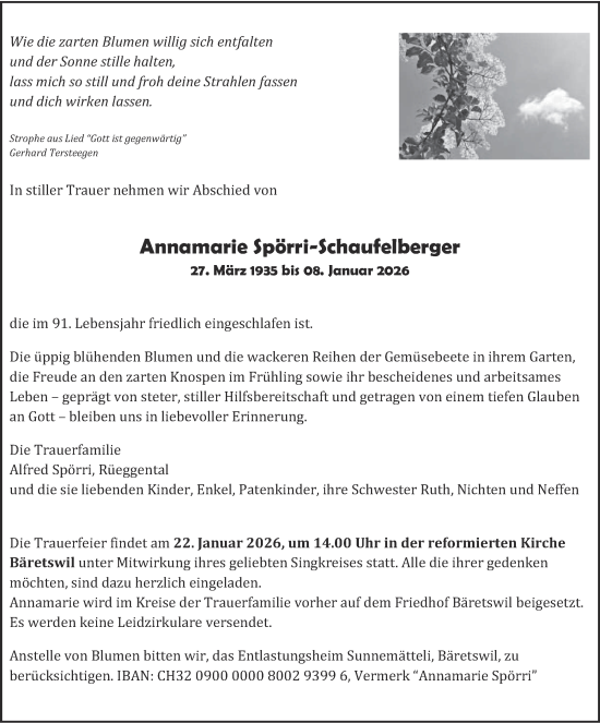 Traueranzeige von Annamarie Spörri-Schaufelberger von AvU