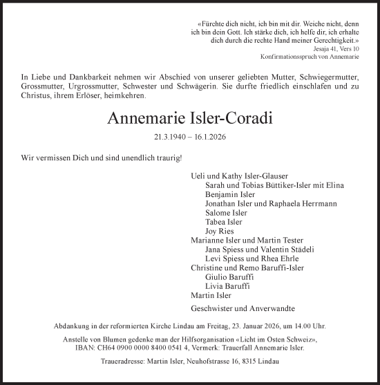 Traueranzeige von Annemarie Isler-Coradi von AvU