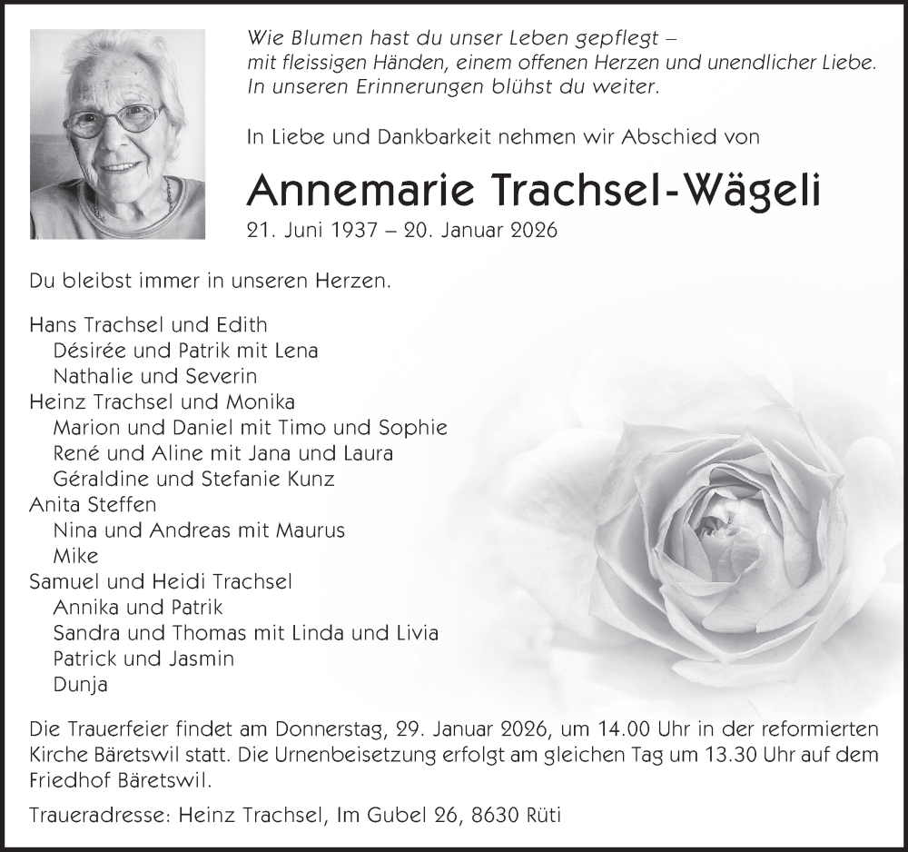  Traueranzeige für Annemarie Trachsel-Wägeli vom 27.01.2026 aus AvU
