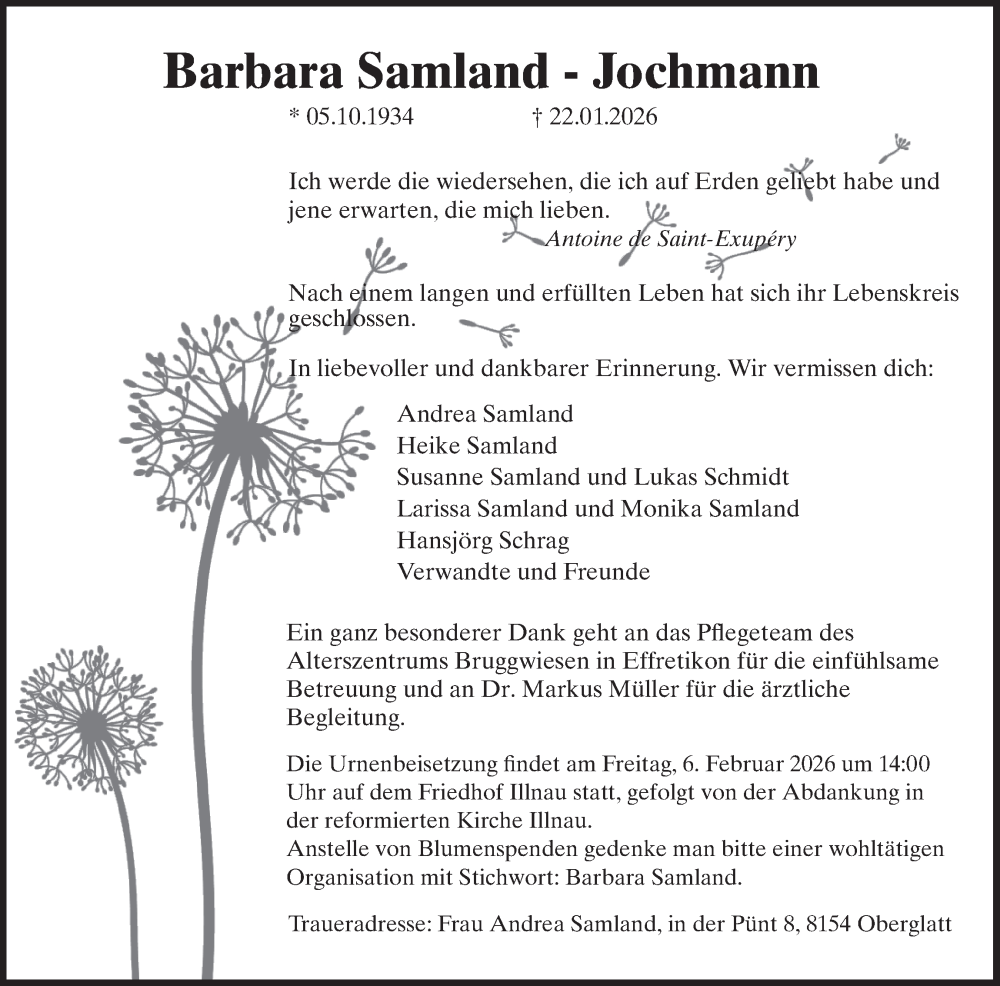  Traueranzeige für Barbara Samland-Jochmann vom 29.01.2026 aus AvU