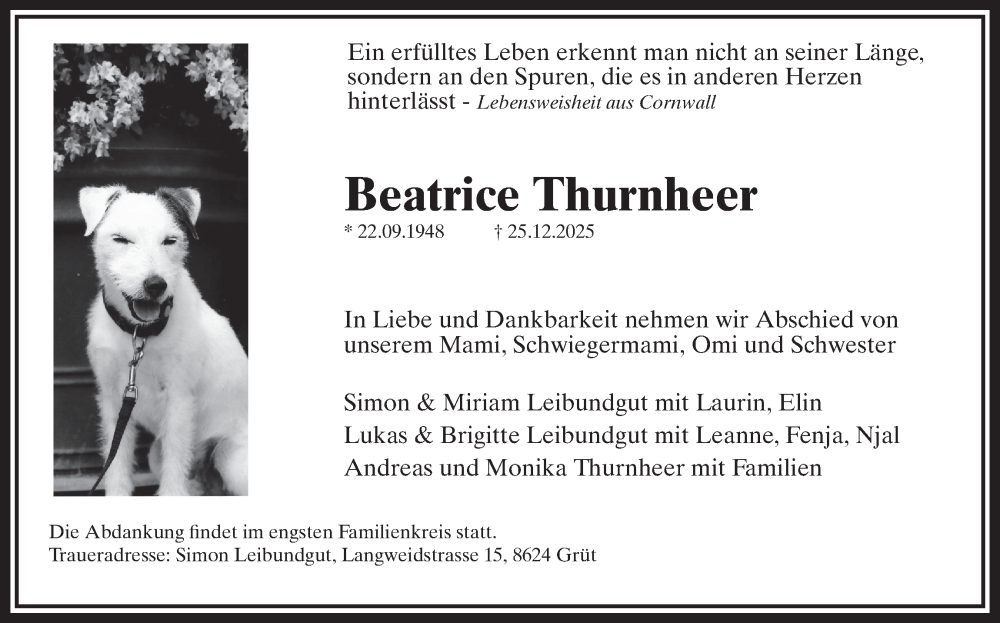  Traueranzeige für Beatrice Thurnheer vom 07.01.2026 aus AvU