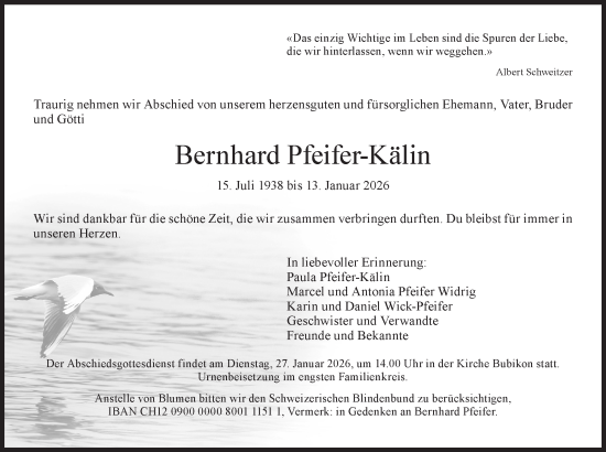 Traueranzeige von Bernhard Pfeifer-Kälin von AvU
