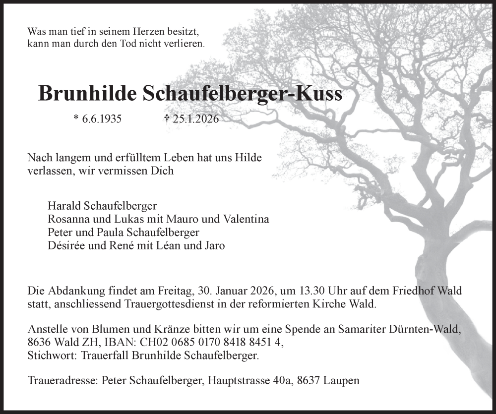  Traueranzeige für Brunhilde Schaufelberger-Kuss vom 28.01.2026 aus AvU