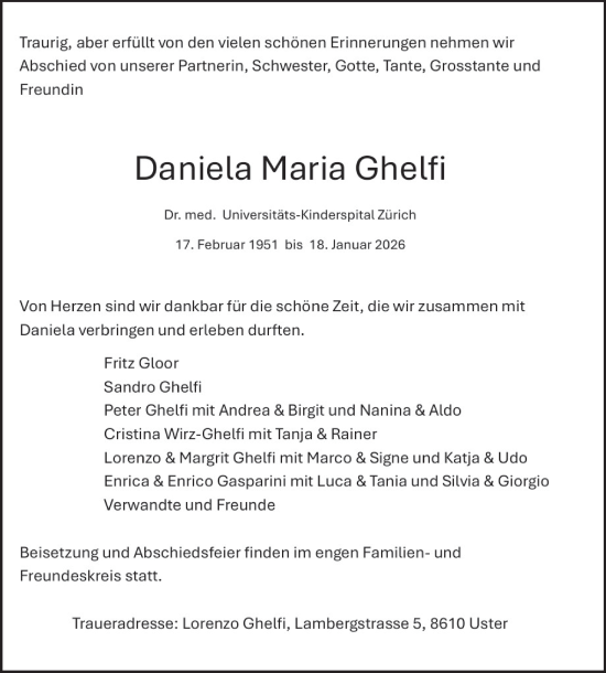 Traueranzeige von Daniela Maria Ghelfi von AvU
