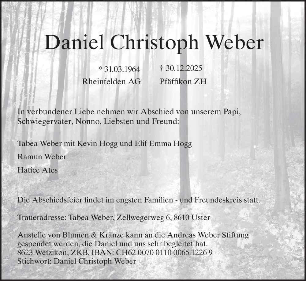  Traueranzeige für Daniel Christoph Weber vom 06.01.2026 aus AvU