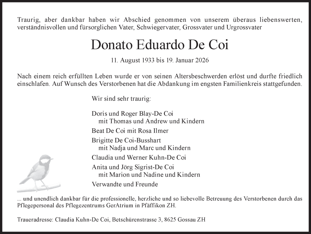  Traueranzeige für Donato Eduardo De Coi vom 28.01.2026 aus AvU