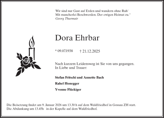 Traueranzeige von Dora Ehrbar von AvU